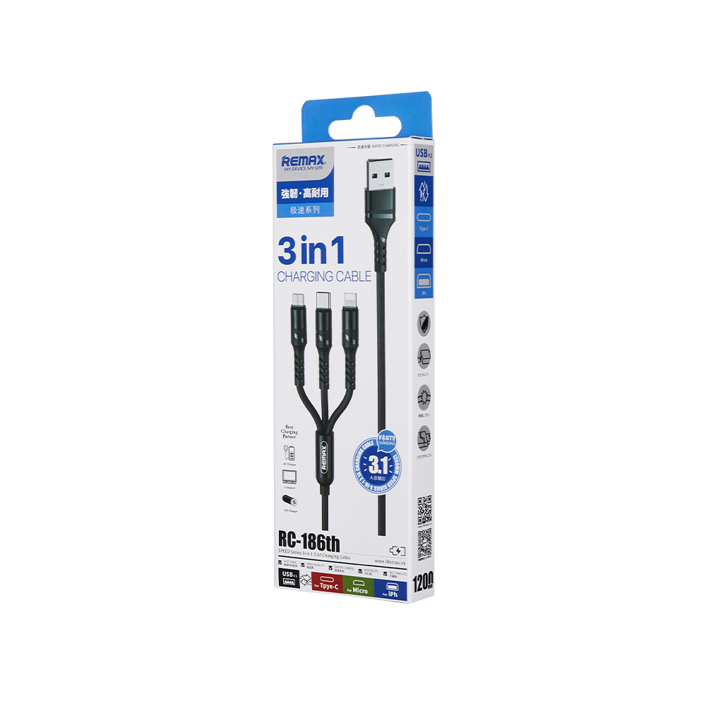 Кабель Remax RC-186th  USB   microUSB, Type-C, Lightning